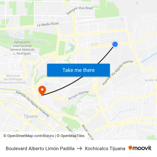 Boulevard Alberto Limón Padilla to Xochicalco Tijuana map