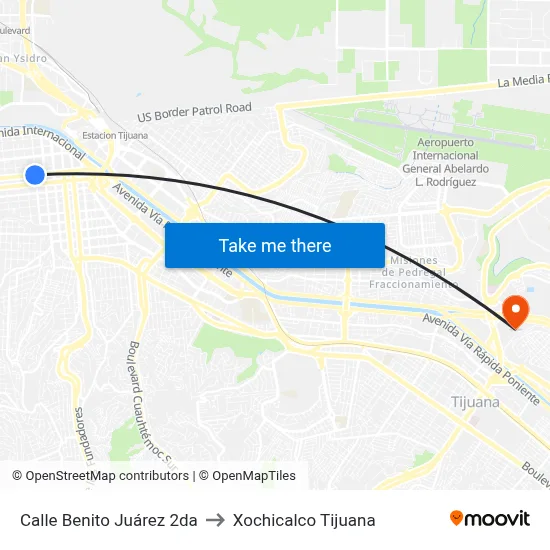 Calle Benito Juárez 2da to Xochicalco Tijuana map