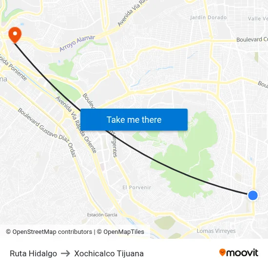 Ruta Hidalgo to Xochicalco Tijuana map