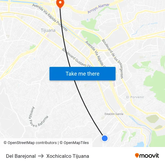 Del Barejonal to Xochicalco Tijuana map