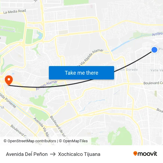 Avenida Deĺ Peñon to Xochicalco Tijuana map