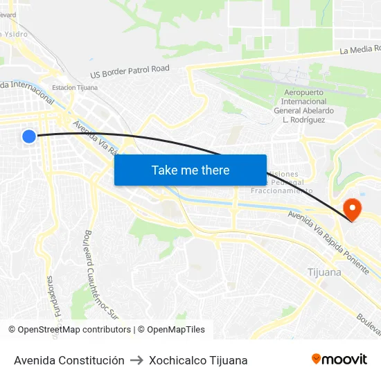 Avenida Constitución to Xochicalco Tijuana map