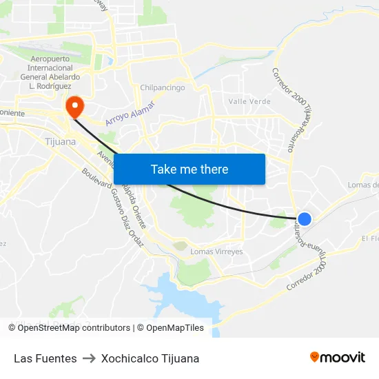 Las Fuentes to Xochicalco Tijuana map