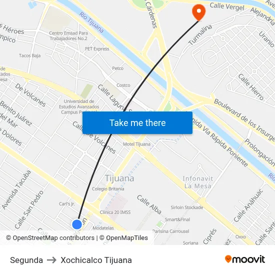 Segunda to Xochicalco Tijuana map