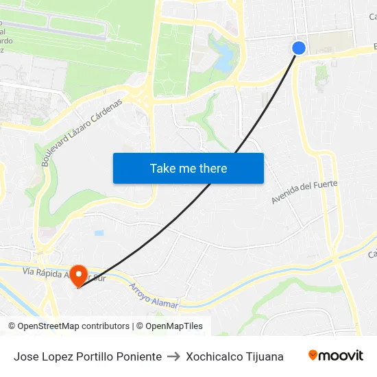 Jose Lopez Portillo Poniente to Xochicalco Tijuana map