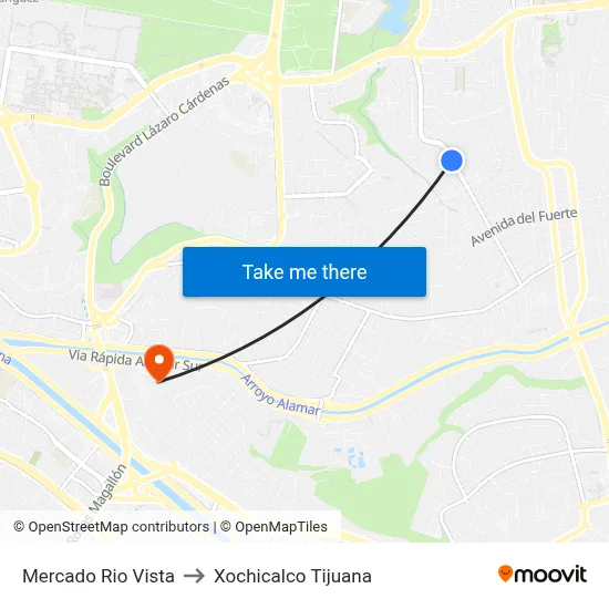 Mercado Rio Vista to Xochicalco Tijuana map