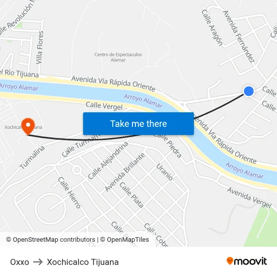 Oxxo to Xochicalco Tijuana map