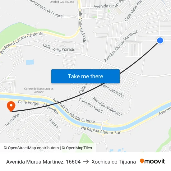 Avenida Murua Martínez, 16604 to Xochicalco Tijuana map