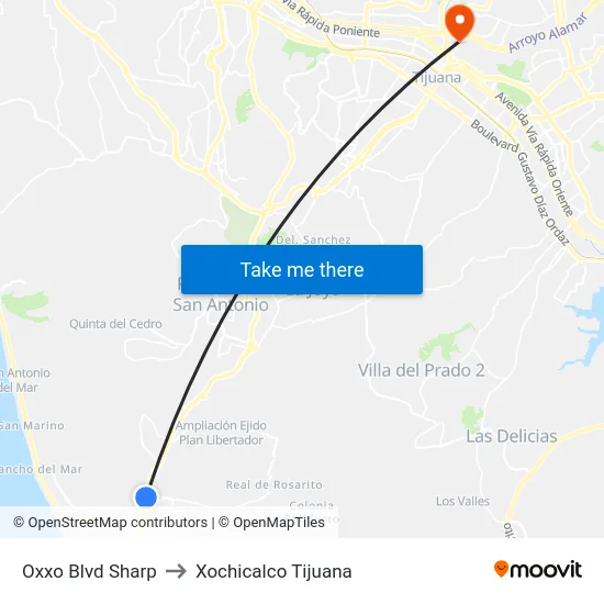 Oxxo Blvd Sharp to Xochicalco Tijuana map