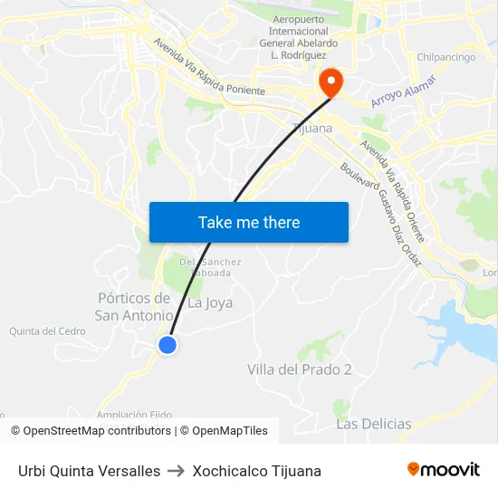 Urbi Quinta Versalles to Xochicalco Tijuana map