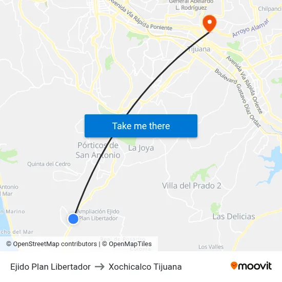 Ejido Plan Libertador to Xochicalco Tijuana map