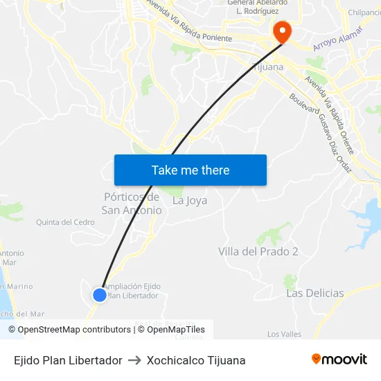 Ejido Plan Libertador to Xochicalco Tijuana map
