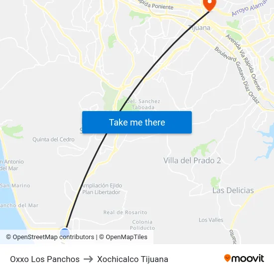 Oxxo Los Panchos to Xochicalco Tijuana map