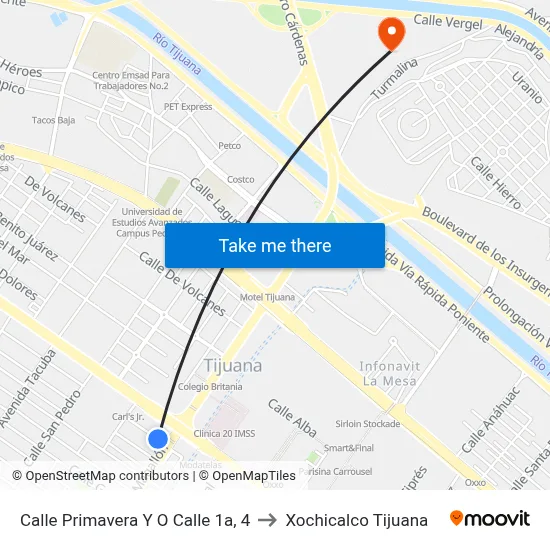 Calle Primavera Y O Calle 1a, 4 to Xochicalco Tijuana map