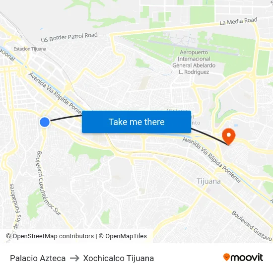 Palacio Azteca to Xochicalco Tijuana map