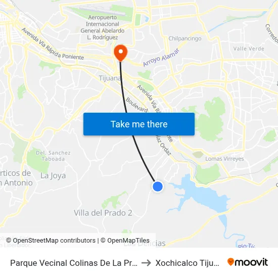 Parque Vecinal Colinas De La Presa to Xochicalco Tijuana map