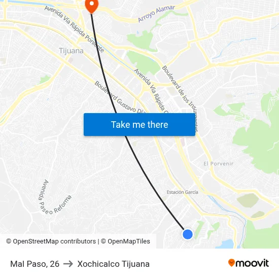 Mal Paso, 26 to Xochicalco Tijuana map