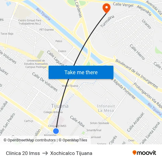 Clinica 20 Imss to Xochicalco Tijuana map