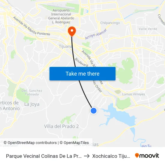 Parque Vecinal Colinas De La Presa to Xochicalco Tijuana map