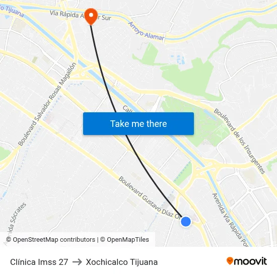 Clínica Imss 27 to Xochicalco Tijuana map