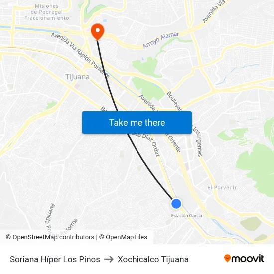 Soriana Híper Los Pinos to Xochicalco Tijuana map