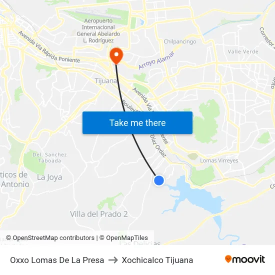 Oxxo Lomas De La Presa to Xochicalco Tijuana map