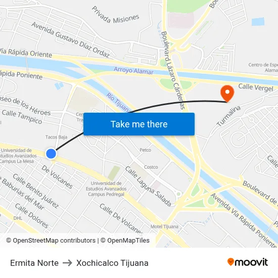 Ermita Norte to Xochicalco Tijuana map