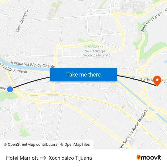 Hotel Marriott to Xochicalco Tijuana map