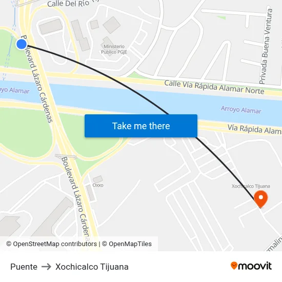 Puente to Xochicalco Tijuana map