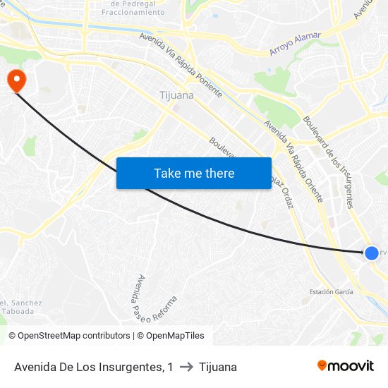 Avenida De Los Insurgentes, 1 to Tijuana map