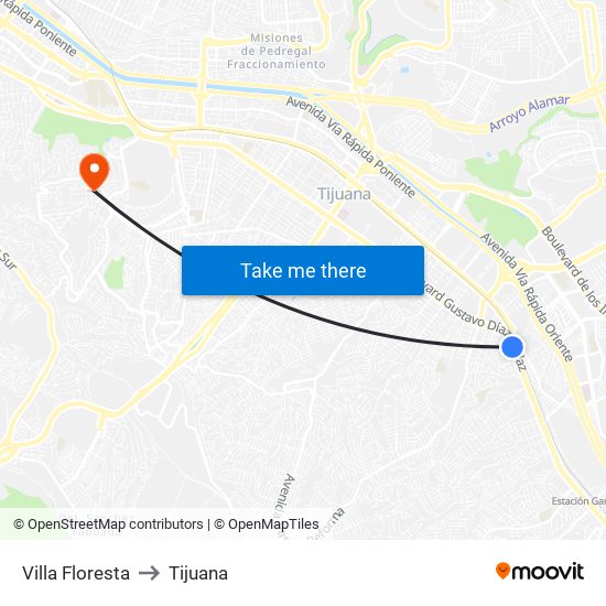 Villa Floresta to Tijuana map