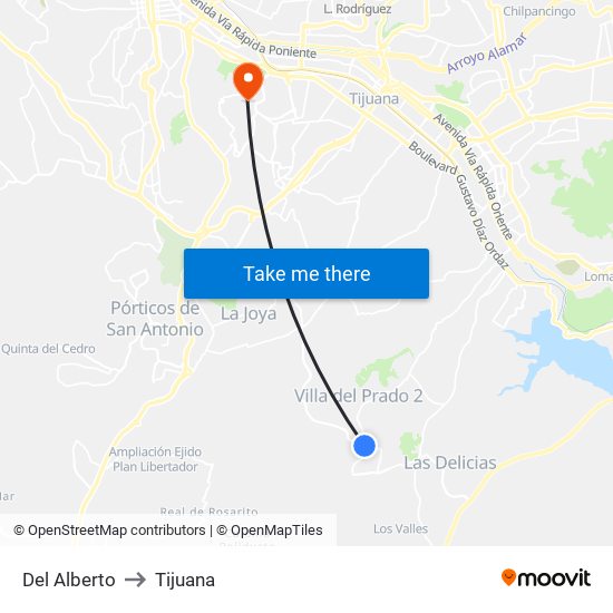 Del Alberto to Tijuana map