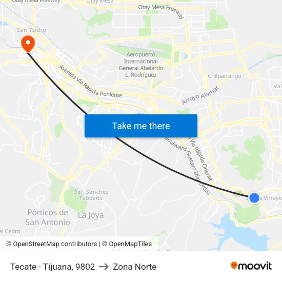 Tecate - Tijuana, 9802 to Zona Norte map