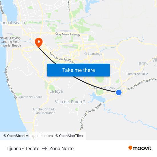 Tijuana - Tecate to Zona Norte map