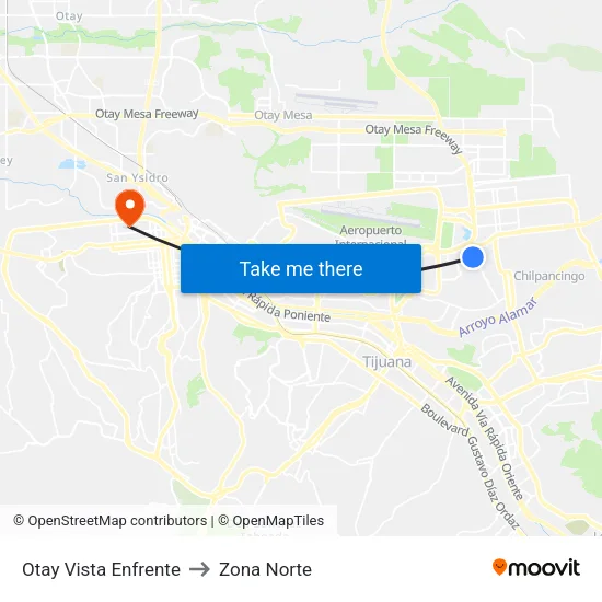 Otay Vista Enfrente to Zona Norte map