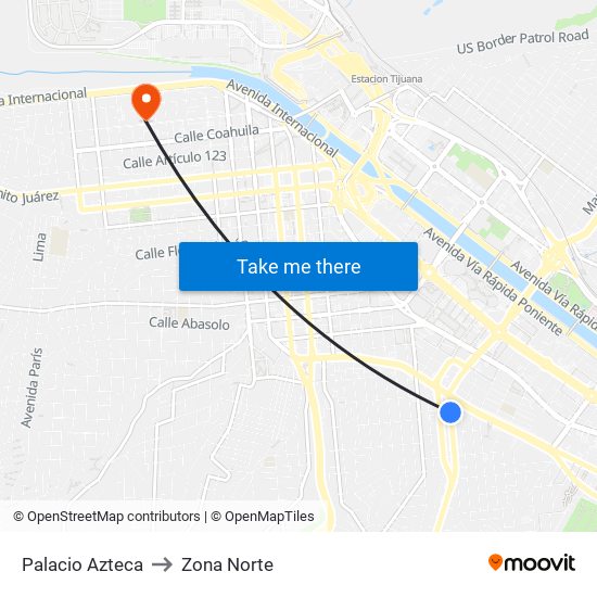 Palacio Azteca to Zona Norte map