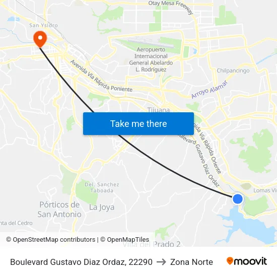 Boulevard Gustavo Diaz Ordaz, 22290 to Zona Norte map