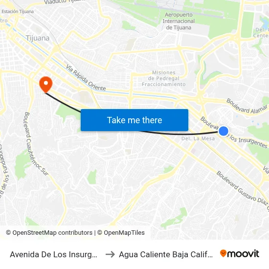 Avenida De Los Insurgentes, 603_1 to Agua Caliente Baja California Mexico map