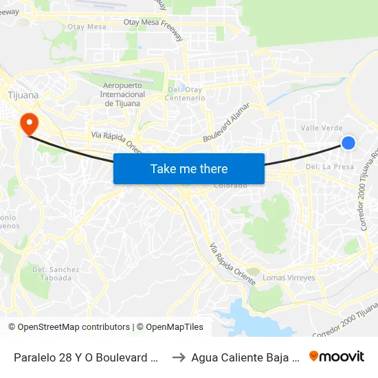 Paralelo 28 Y O Boulevard Matamoros, 23030_V46 to Agua Caliente Baja California Mexico map