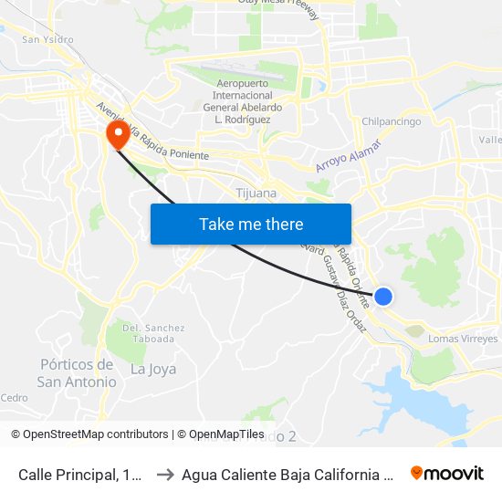 Calle Principal, 16836 to Agua Caliente Baja California Mexico map