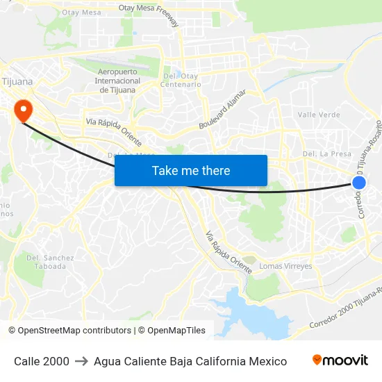 Calle 2000 to Agua Caliente Baja California Mexico map