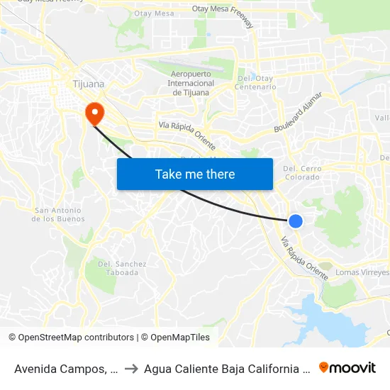 Avenida Campos, 34_B to Agua Caliente Baja California Mexico map