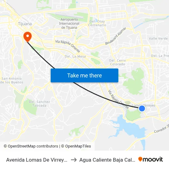 Avenida Lomas De Virreyes Sur, 11217_B to Agua Caliente Baja California Mexico map