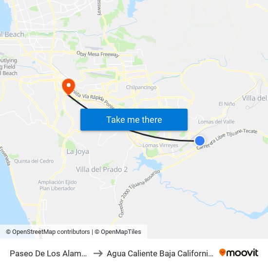 Paseo De Los Alamos, 12a to Agua Caliente Baja California Mexico map