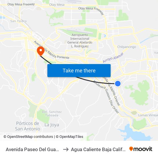 Avenida Paseo Del Guaycura, 18903 to Agua Caliente Baja California Mexico map