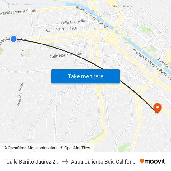 Calle Benito Juárez 2da, 6390 to Agua Caliente Baja California Mexico map