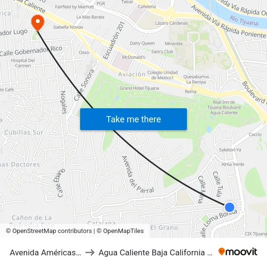 Avenida Américas, 117 to Agua Caliente Baja California Mexico map