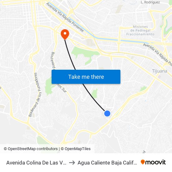 Avenida Colina De Las Vegas, 12235 to Agua Caliente Baja California Mexico map