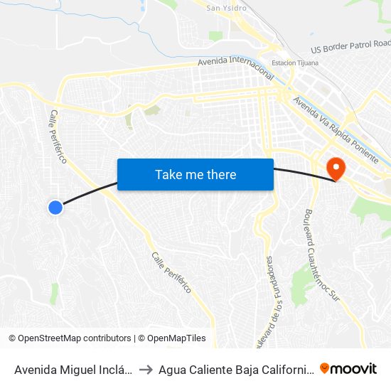Avenida Miguel Inclán, 3071 to Agua Caliente Baja California Mexico map
