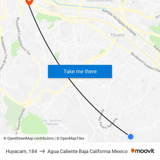 Huyacam, 184 to Agua Caliente Baja California Mexico map
